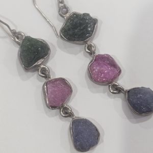 Natural Rough Emerald Ruby and Tanzanite dangle earrings